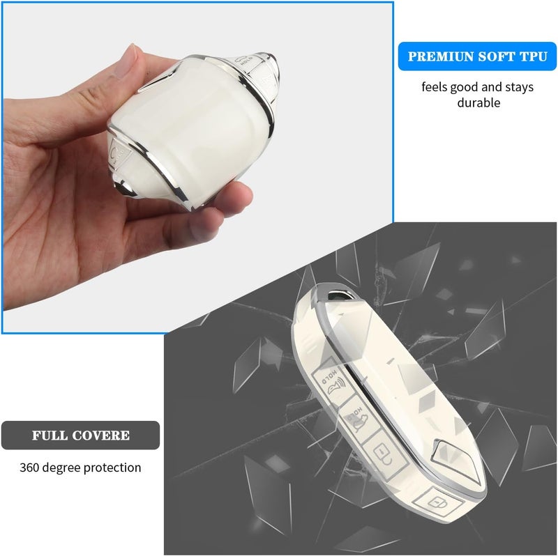 QBUC for Kia Key fob Cover,Soft TPU 360°Car Key Case Protector with Leather Keychain Compatible with Kia Telluride 2023/2024 5 Buttons Smart Key(White) - Image 5